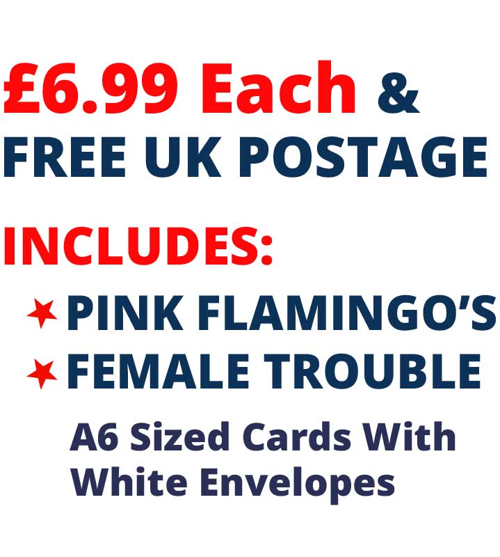 John Waters 2 Card Set £6.99 Includes Pink Flamingo's And Female Trouble Cards 